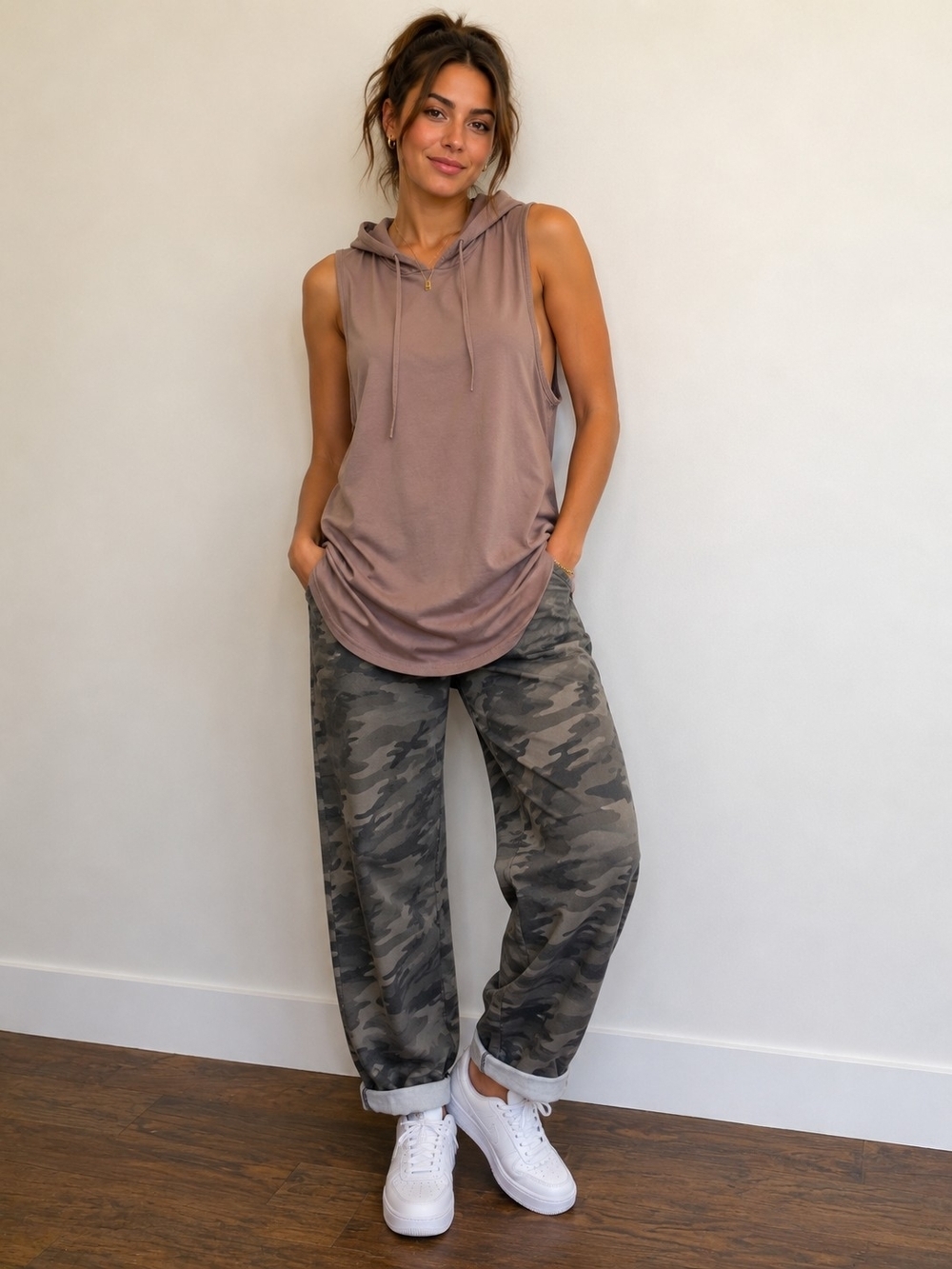 Sleeveless Hooded Dress in Mauve Taupe